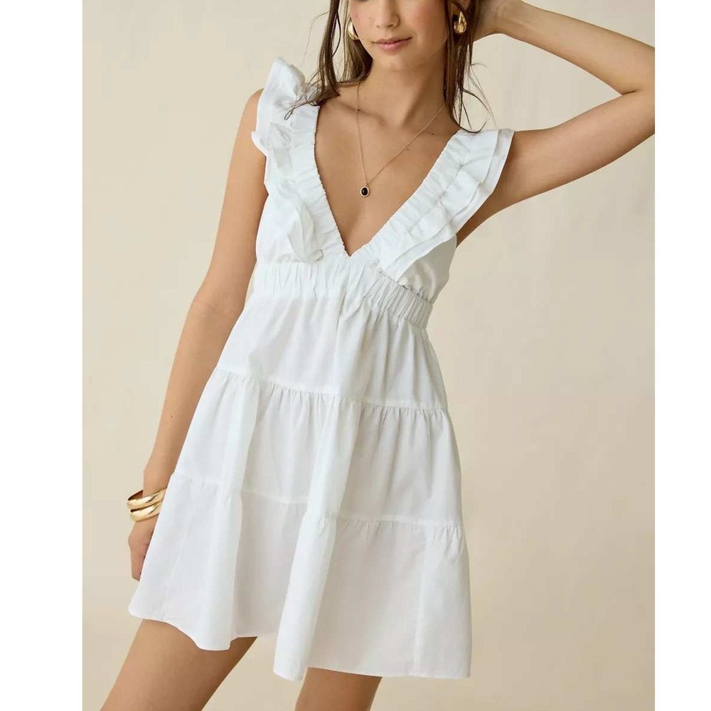 Kimchi Blue Main Stage White Cotton Ruffle Tiered V-Neck Mini Dress Small